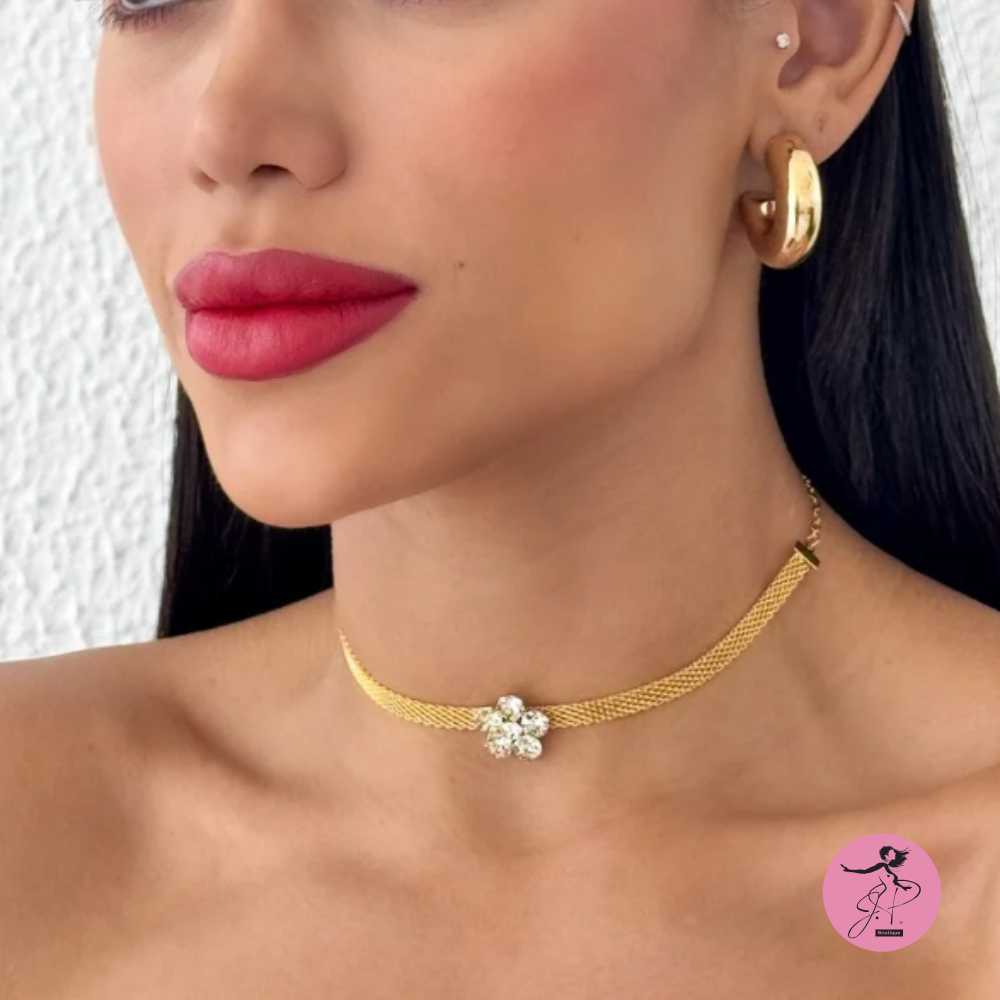 Colar Manta c/Flor Cristal Ouro folheado a Ouro 18k