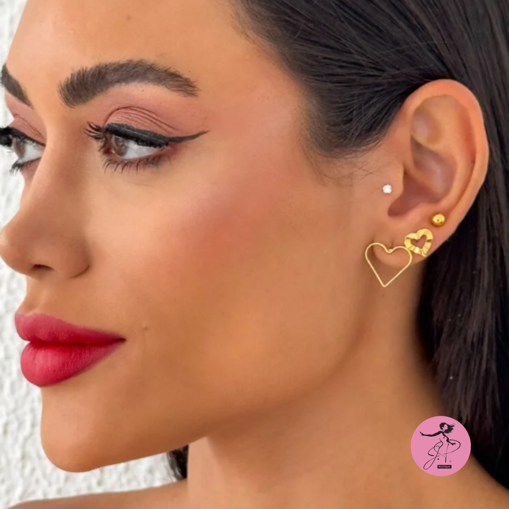 Trio de Brinco Coraçao e Esfera folheado a Ouro 18k
